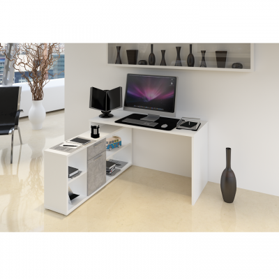 PC stôl, biela/betón, NOE NEW
